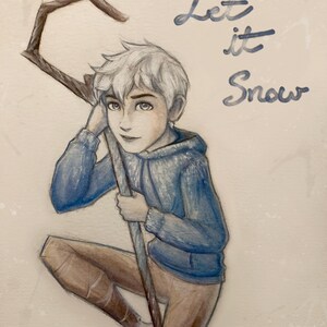 May include: Watercolour illustration of a young person with white hair, wearing a blue hoodie and brown trousers, holding a wooden staff. The text "Let it Snow" is written in blue script. The artwork has a soft, dreamy quality.