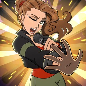 May include: Illustration of a woman singing into a microphone, with a dynamic pose and expression. She wears a black jacket with a green stripe, red top, and olive green pants. The background features a stage with spotlights and silhouettes.