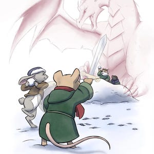 Könnte beinhalten: Illustration einer Fantasieszene mit einem großen, blassrosa Drachen, der über mehreren kleinen Tierfiguren thront. Eine Maus in einem grünen Mantel hält ein Schwert, während ein Hase einen Schneeball vorbereitet. Das Kunstwerk spielt in einer verschneiten Umgebung.