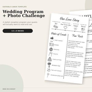 May include: Two white wedding program and photo challenge cards measuring 4.5 by 8 inches. The text includes Our Love Story, Order of Events, Fun Facts, and Capture Love with a QR code placeholder and a list of photo challenge tasks.