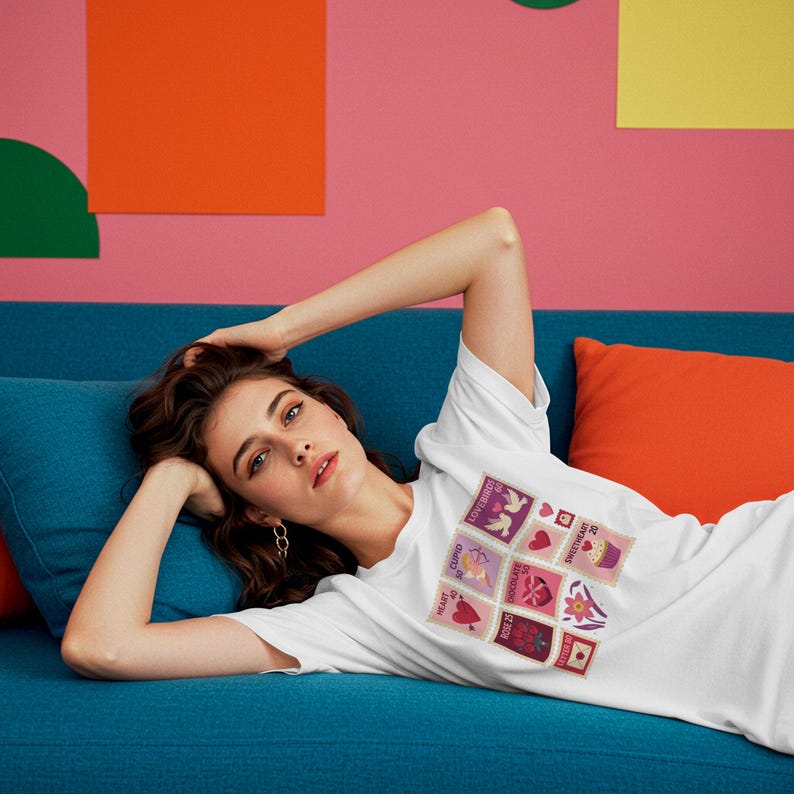 Op de afbeelding: Wit T-shirt met een Valentijnsdag postzegelontwerp. De postzegels tonen harten, cupido's en bloemelementen in roze, rode en paarse tinten. Het shirt wordt gedragen op een blauwe bank.