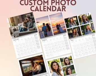May include: Custom photo calendars with spiral binding, featuring personal photos for each month. The calendars display images of couples and individuals, with the text "CUSTOM PHOTO CALENDAR" at the top and the year "2026" on each page.