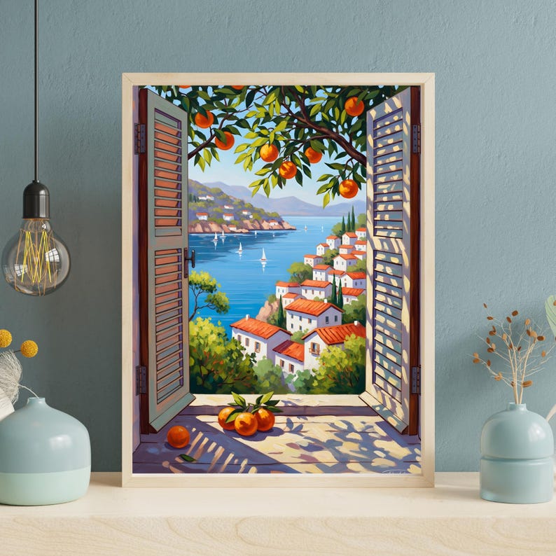 Window View Wall Art Poster Showing Mediterranean Coastal View, Bright ...