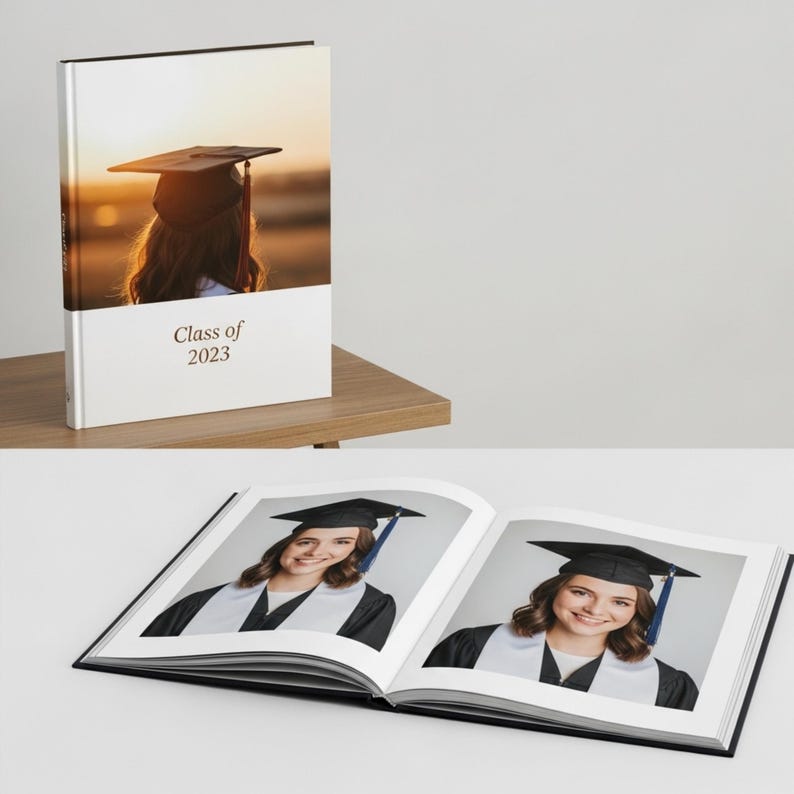 May include: A graduation photo album with a white cover and the text "Class of 2023." The album is open, displaying two photos of a graduate in a cap and gown. The cover features a photo of a graduate wearing a cap.