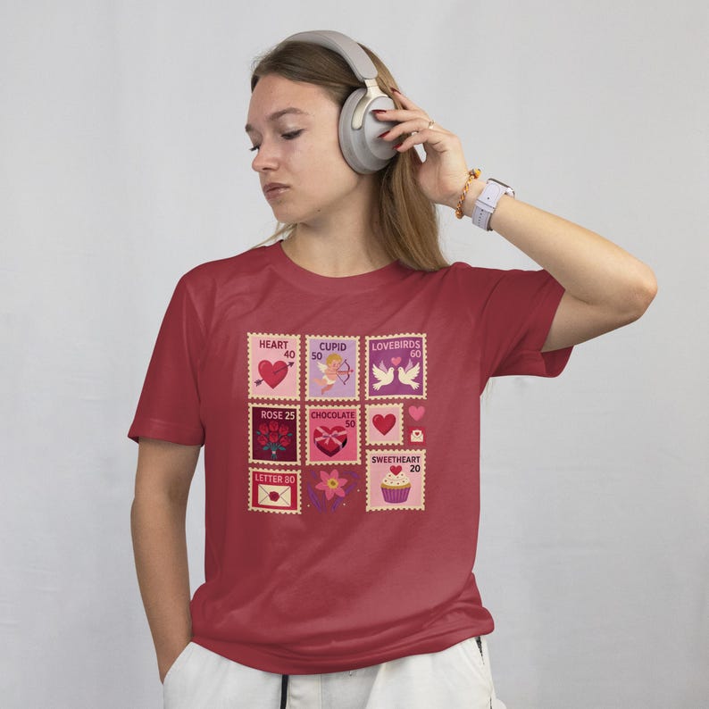 Op de afbeelding: Een bordeauxrood T-shirt met een reeks postzegelontwerpen met Valentijnsdagthema. De postzegels tonen harten, Cupido, tortelduifjes, rozen, chocolade en een cupcake. Elke postzegel heeft een nummer. Het T-shirt wordt gedragen.