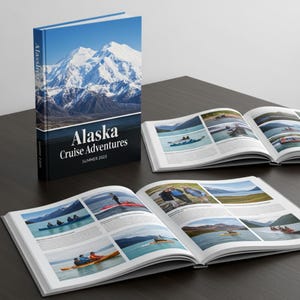 May include: A hardcover book titled "Alaska Cruise Adventures Summer 2023" with a scenic mountain and lake cover image. The book is open to display photographs of kayaking and other outdoor activities. The book is on a dark surface.
