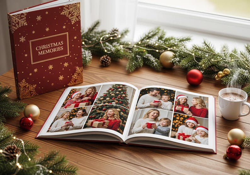 May include: A red Christmas Memories photo album with gold snowflake and floral accents, open to display family photos. A cup of coffee, ornaments, and greenery decorate the wooden table.