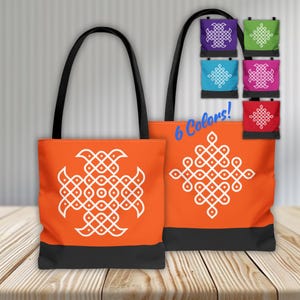 May include: Orange tote bags with black handles and bottoms, featuring white geometric designs. The image shows two large bags and six smaller bags in various colors, with the text "6 Colors!"