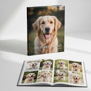 May include: A hardcover photo album titled "MY FURRY FRIEND 2023" featuring a golden retriever on the cover. The open album displays multiple photos of the same dog. The cover and pages are black and white.