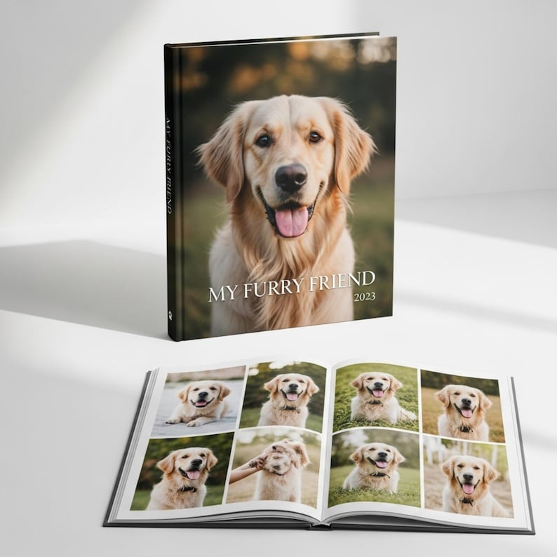 May include: A hardcover photo album titled "MY FURRY FRIEND 2023" featuring a golden retriever on the cover. The open album displays multiple photos of the same dog. The cover and pages are black and white.