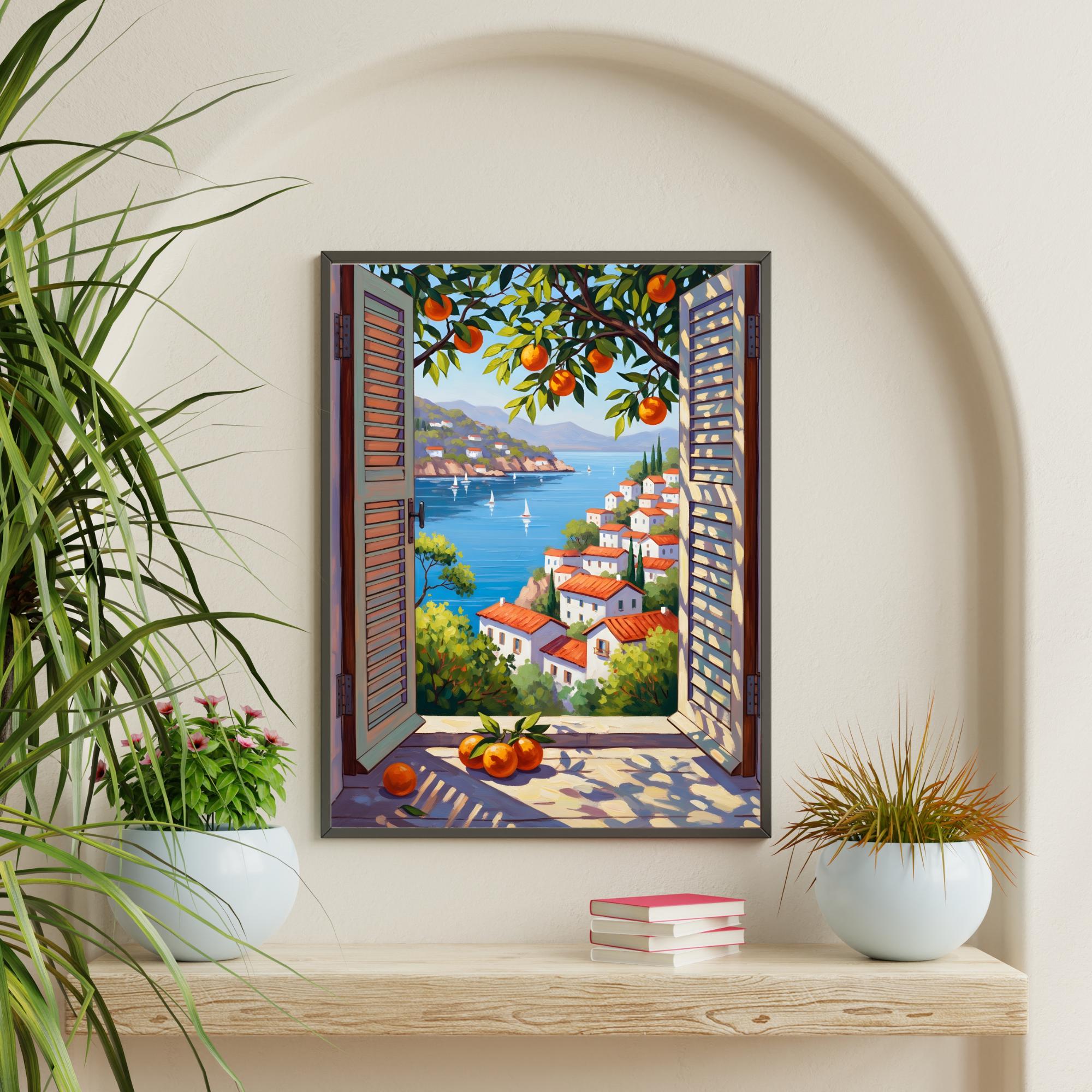 Window View Wall Art Poster Showing Mediterranean Coastal View, Bright ...