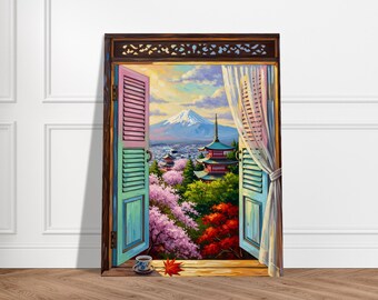 Japanese Window View Wall Art Print | Mount Fuji and Pagoda Landscape Print
