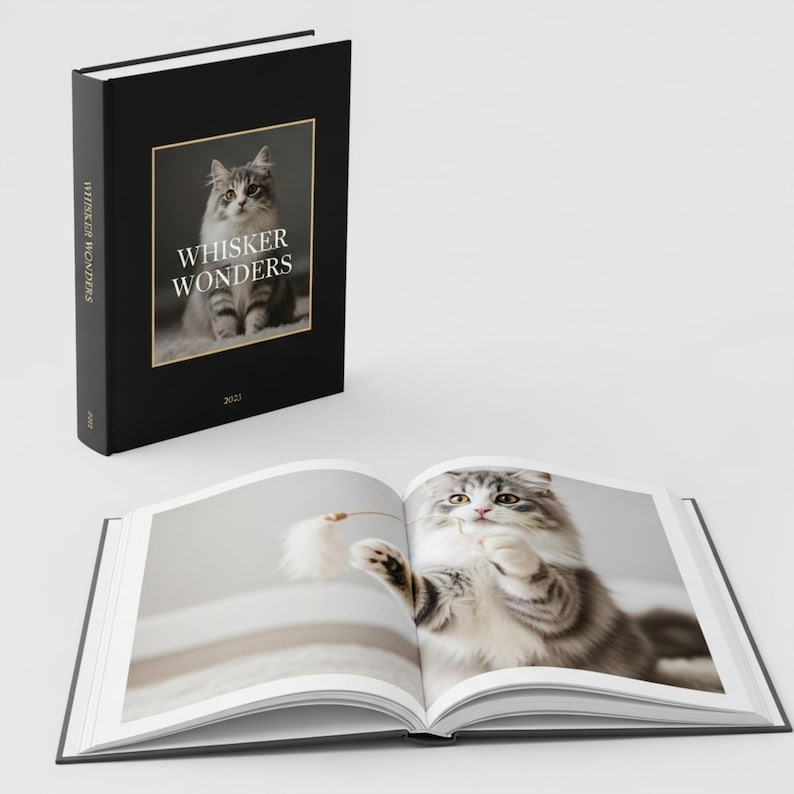 May include: A black hardcover book titled "Whisker Wonders" with a photo of a fluffy cat on the cover. The book is open to a page with a photo of a cat playing with a toy. The book is a 2023 edition.