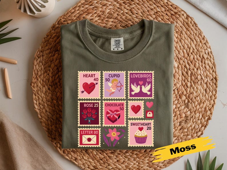 Op de afbeelding: Olijfgroen t-shirt met een Valentijnsdag stempelontwerp. De postzegels bevatten harten, Cupido, tortelduifjes, rozen, chocolade en een cupcake. Het woord "Moss" is in het geel geschreven.