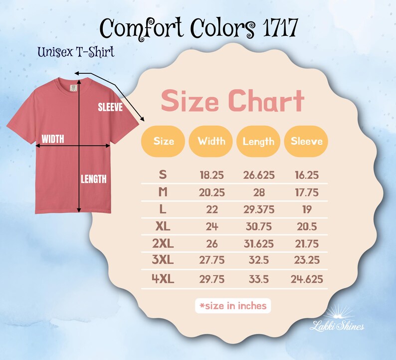 Op de afbeelding: Een koraalkleurig unisex T-shirt met afmetingen voor breedte, lengte en mouwlengte. De maattabel bevat maten S tot 4XL, met afmetingen in inches. De tekst "Comfort Colors 1717" en "Unisex T-Shirt" zijn ook zichtbaar.