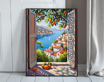 May include: A framed art print depicts a scenic coastal view through an open window. The artwork showcases a vibrant blue sea, white buildings with red tile roofs, and an orange tree with ripe fruit. The window shutters are open, and the scene is bathed in sunlight.