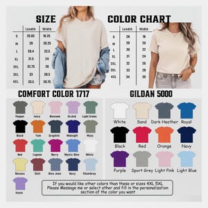 May include: A size and colour chart for Comfort Color 1717 and Gildan 5000 t-shirts. The image displays two tables with length and width measurements in inches, alongside two grids showing various shirt colour options with their respective names.