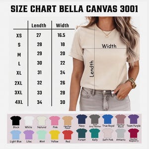 May include: A Bella Canvas 3001 size chart featuring a beige t-shirt with length and width labels. The chart lists sizes XS through 4XL with corresponding measurements in cm. Below, a colour palette displays twenty-two t-shirt colour options.