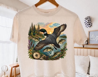 Comfort Colors® Loon Bird Womens Boxy Crop Tops, Lake Fish Wildlife Tee, Vintage Cabin Nature Lover Gift