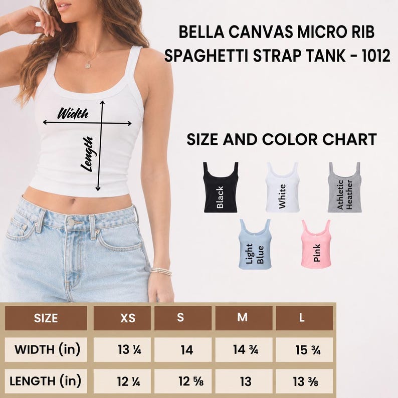 Pu&ograve; includere: Una canotta bianca a costine sottili con spalline sottili, accompagnata da una tabella di taglie e colori. La tabella mostra cinque opzioni di colore: nero, bianco, grigio melange, azzurro e rosa. Una tabella indica le misure in pollici per le taglie XS-L.