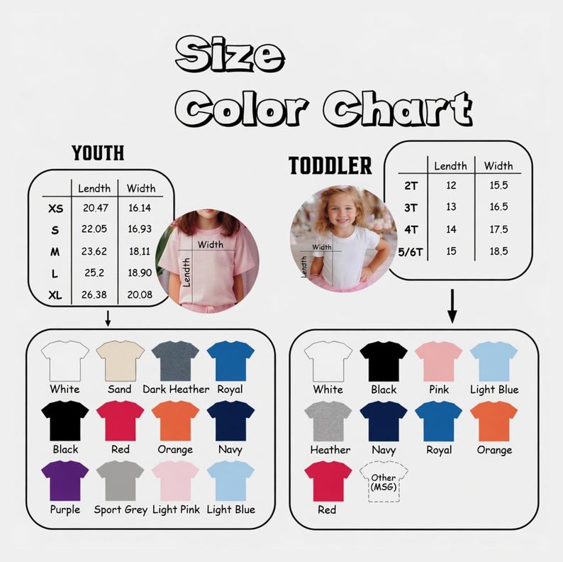 May include: A size and colour chart for youth and toddler t-shirts. It includes two tables with length and width measurements in inches, two circular photos showing how to measure, and two grids displaying available t-shirt colours with labels.