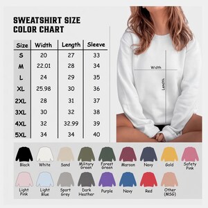 May include: A sweatshirt size and colour chart featuring a table with width, length, and sleeve measurements in inches for sizes S through 5XL. A person wears a white crewneck sweatshirt, and a colour palette displays various available shades.