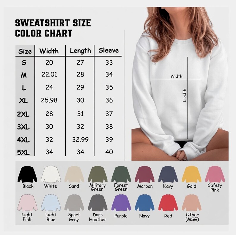 May include: A sweatshirt size and colour chart featuring a table with width, length, and sleeve measurements in inches for sizes S through 5XL. A person wears a white crewneck sweatshirt, and a colour palette displays various available shades.