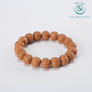 May include: Aura Bliss bracelet. This bracelet features a series of light brown, round beads with a ribbed texture. The beads are strung together to form a circular shape. The Aura Bliss logo is visible in the upper right corner.