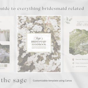 Op de afbeelding: Een gids voor alles wat met bruidsmeisjes te maken heeft. De afbeelding toont een handboek getiteld "Sage's Bridesmaid Handbook" met een bloemenachtergrond. Extra panelen tonen huwelijksinspiratie en locaties. De sjabloon is aanpasbaar met Canva.