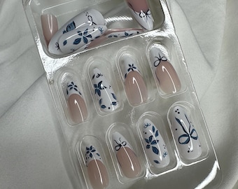 24 Piece Press On Nails | Medium Almond Fake Nails | Durable Plastic Nail Set | Glossy Finish | Reusable Nail Tips | Blue