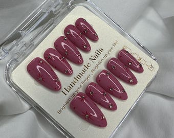 3D Floral Press On Nails | Handmade Gel Acrylic Nails | 10 Piece Set | Magenta Nail Art | Reusable Custom Nail Tips