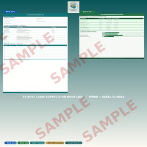 May include: A digital bundle featuring a Word document and an Excel spreadsheet. The documents are labeled "LCSW Supervision Hour Log" and "LCSW Supervision Progress Tracker". The image includes the text "TX BHEC LCSW Supervision Hour Log - Word + Excel Bundle".