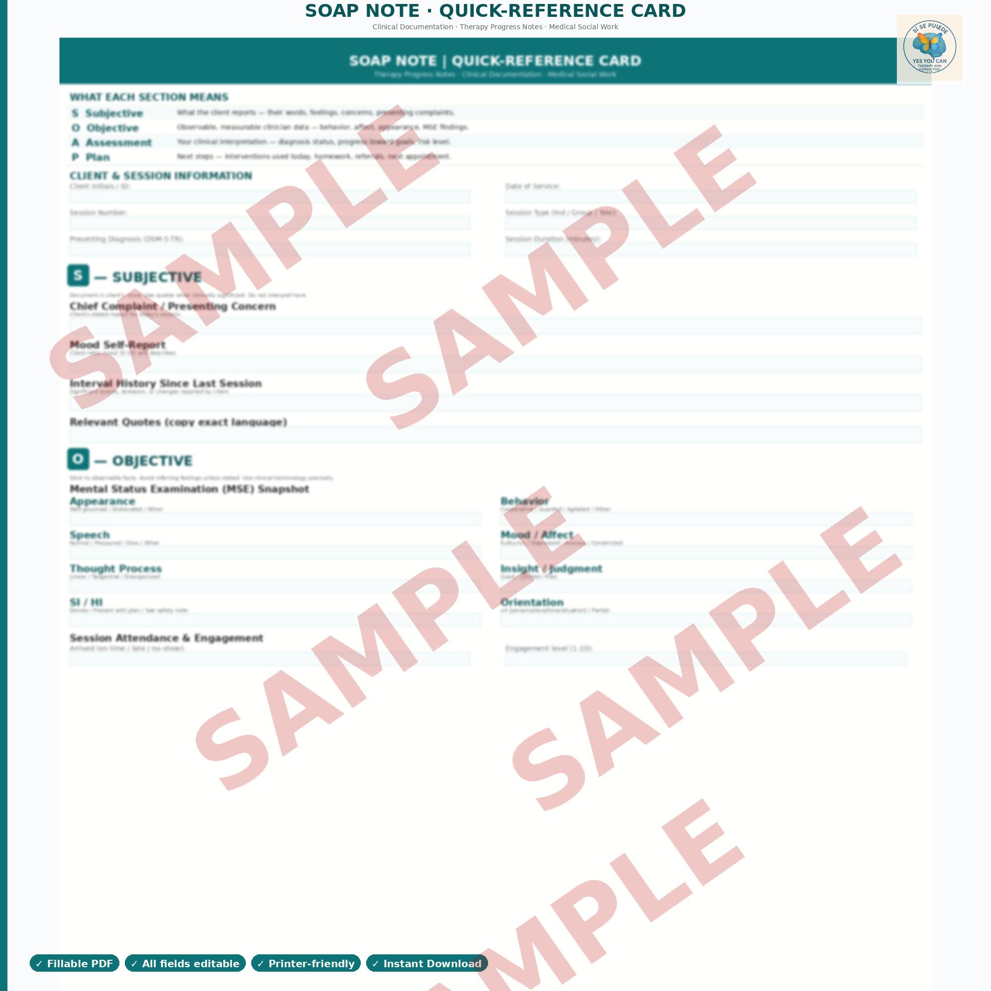 Soap Note Quick Reference SOAP Note Quick Reference Card for Therapists & Clinical Social Workers ...