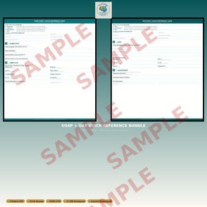 Può includere: Un pacchetto di due schede di riferimento rapido, una per le note SOAP e una per le note DAP, con un bordo verde acqua. Le schede contengono testo e sezioni per informazioni soggettive, oggettive, dati e valutazione. La parte inferiore dell'immagine presenta icone per PDF compilabile, pronto per la stampa, DSM-5-TR, LCSW-Designed e download immediato.