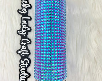 Premium Grid style 20oz Tumbler - Neon Aqua Neon Rose glass rhinestone - self storing straw