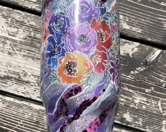 Purple Floral Tumbler - hand made - 30oz swirl glitter Milky Way Ready To Ship