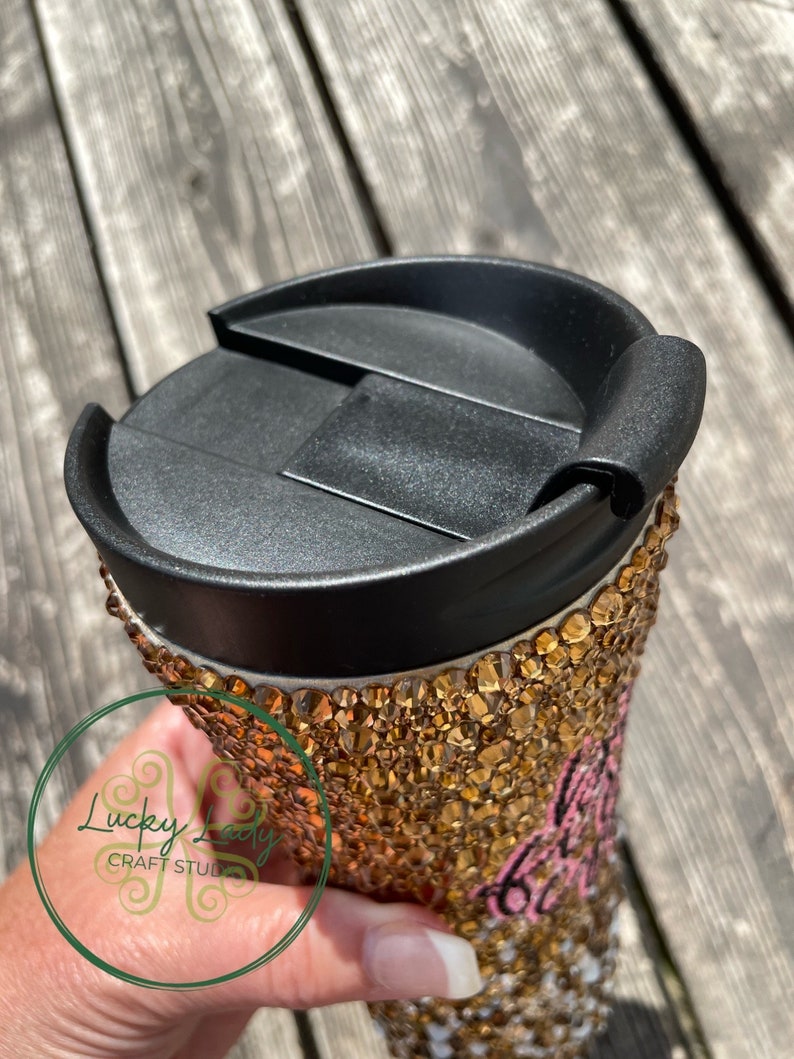 But First Coffee 16oz travel mug Hand Placed glass rhinestones image 4