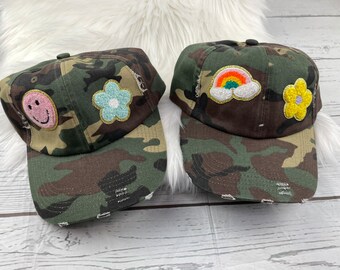 Dark Green Camouflage Baseball Hat - Neon Chenille Patch - Unisex - Ready to ship - green rainbow flower yellow blue pink