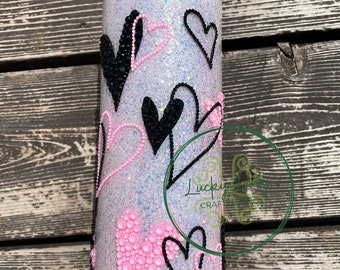 Rhinestone Hearts Love Story 20oz skinny Glitter Epoxy tumbler neon pink black