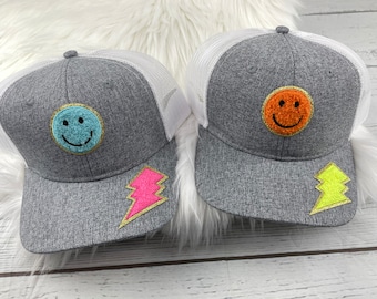 Neon Patch Marled Grey Baseball Hat - Smile Lightening Bolt Neon - Unisex - Listo para enviar