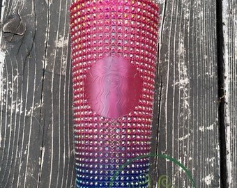 ¡¡VENTA!! Starbucks Ombre Bling Rhinestone Grid Vaso de 24 oz - Taza fría Rosa caliente Diamante de imitación de resina púrpura