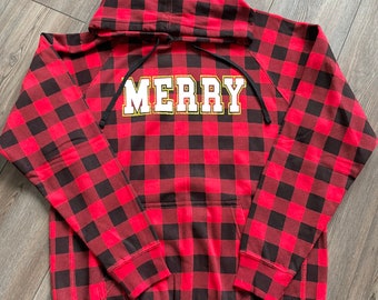 SALE!! Ready to Ship! Merry Buffalo Plaid red hoodie - Unisex sizing White Glitter