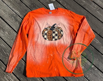 Pumpkin Leopard print Long Sleeve T-shirt  - orange white  - unisex - Large Hand Bleached Ready To Ship