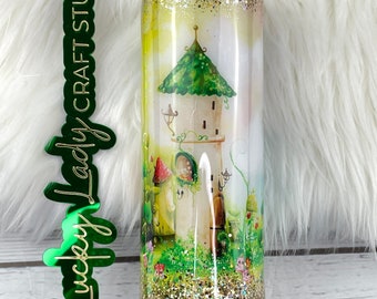 SALE!! Fairy Village 20oz  skinny Glitter Epoxy Tumbler Mushroom House