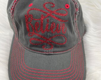 Grey and Red Distressed Baseball Hat - Red grey Glitter Believe - Unisex