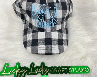 Buffalo Plaid Baseball Hat - White Black Glitter Baby It’s Cold Outside - Unisex