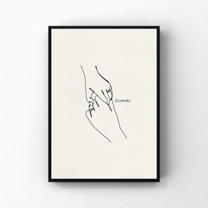 Minimalist Line Art Print – &quot;Forever&quot; Holding Hands Couple Poster, Modern Love Wall Decor
