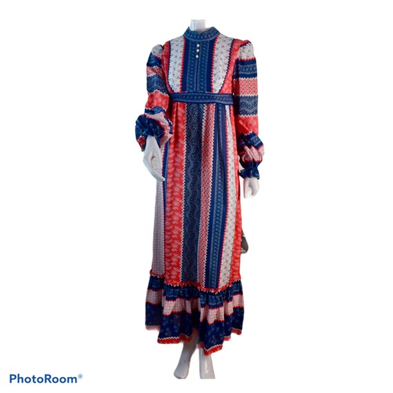Vintage 1970s Red White & Blue Boho Maxi Dress