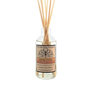 Puede incluir: Una botella de vidrio transparente con una etiqueta marrón que dice "Love Your Body Essentials" y "Orange Vanilla Reed Diffuser Home Fragrance". La etiqueta también incluye el texto "Awaken Your Senses" y una dirección de sitio web. La botella está llena de un líquido transparente y tiene palitos de madera insertados en ella.