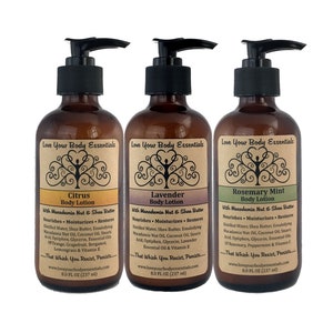 May include: Three amber glass bottles of body lotion with pump tops. The bottles are labelled with the brand name "Love Your Body Essentials" and the scents "Citrus", "Lavender", and "Rosemary Mint". Each bottle contains 8.0 fl oz (237 ml) of lotion.